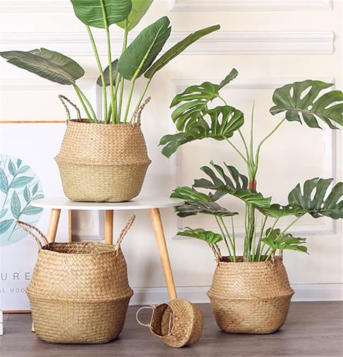Extra Large Seagrass Plant Basket with Handles, Wicker Woven Storage Basket (14.1“ Diameter x 13.8" Height), Natural)