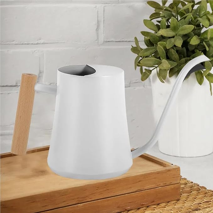 Indoor Watering Can with Long Spout, 34oz Capacity, White Metal with Wood Handle (White-W1)