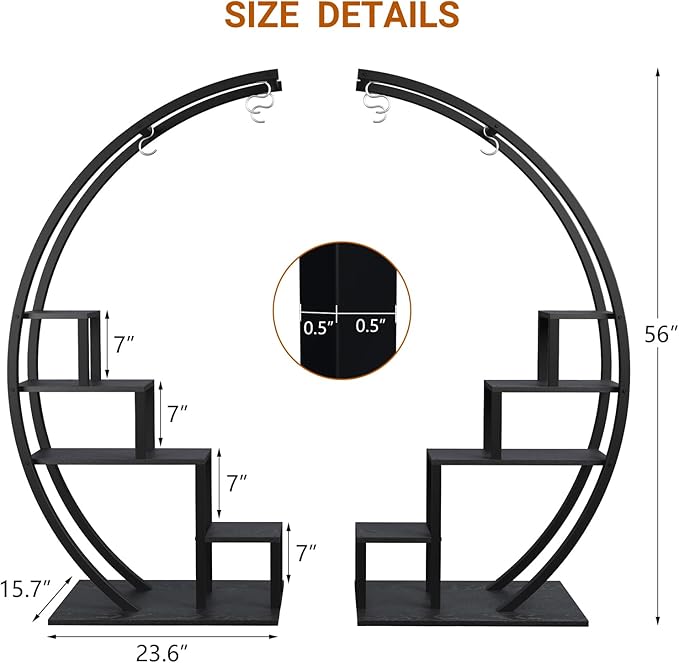 Jojoka Plant Stand Indoor Outdoor 2 Pack, 5 Tier 56" Tall Metal Plant Shelf, Heavy Duty Corner Flower Rack with Hanging Hooks, Multi Plant Holder for Living Room Garden Balcony,Black