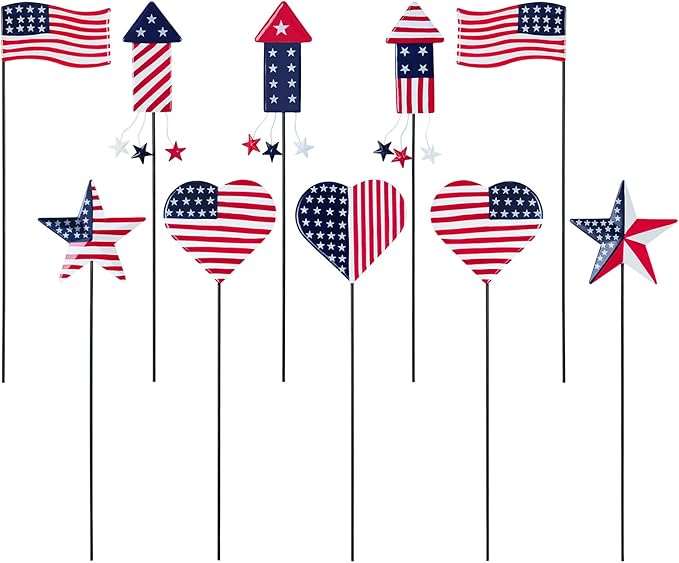 hogardeck 4th of July Decorations Outdoor, 10 PCS Metal Patriot Star Firework Decorative Garden Stakes for Fourth of July Decorations, Patriotic Yard Signs for Garden Memorial Day Decorations