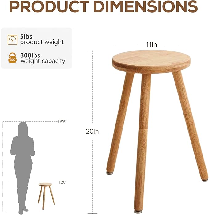 Small Round Side Table Adjustable Height Solid Wood Drink Table Indoor Tall Plant Stand Multi-Use Accent Stool-11‘’D × 20“H (Wood)