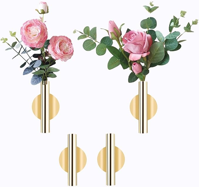 AIM & GGKK Wall Planters,4 Pcs Wall Mounted Metal Hanging Plant Holder for Indoor Small Gold Boho Flower Vase Tube for Modern Home Decor Display Art Bedroom Bathroom Living Room