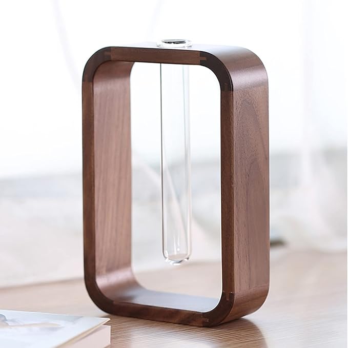Transprent Glass Vase Test Tube Vase Hydrophilic Plants Vase Plant Holder Walnut Wooden Frame Flower Stand Table Garden Bonsai Decor,Gifts for Women, Home Office Decor Planter (Small)