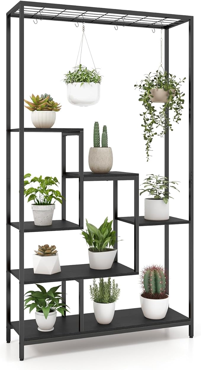 6-Tier Plant Stand Indoor, 70.9" Tall Plant Stand with 10 S Hanging Hooks, Metal Plant Shelf Corner Plant Stands for Indoor Plants, Garden, Balcony, Living Room (Black)