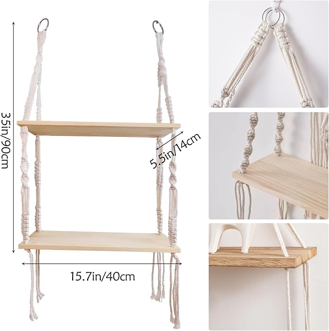 Bohemian Braided Jute Rope Floating Wall Shelf, Rustic Natural Wood with No Drill Adhesive Mount for Plants, Photo Frames, Decorative Display in Bedroom, Living Room, Office, Kitchen