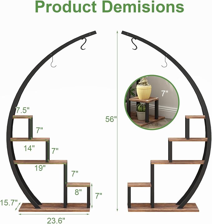 Patikuin 5-Tier Half Moon Metal Plant Stand Set of 2 – Tall Indoor & Outdoor Ladder Flower Shelf Rack with Hanging Hooks, Modern Multi-Tier Display for Living Room, Balcony & Garden