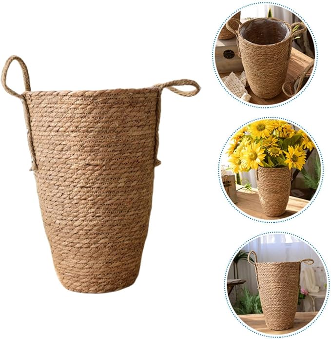 Large Seagrass Woven Basket for Plant Display Tall Pot Handle Multi-Purpose Desktop Planter for Home Decor