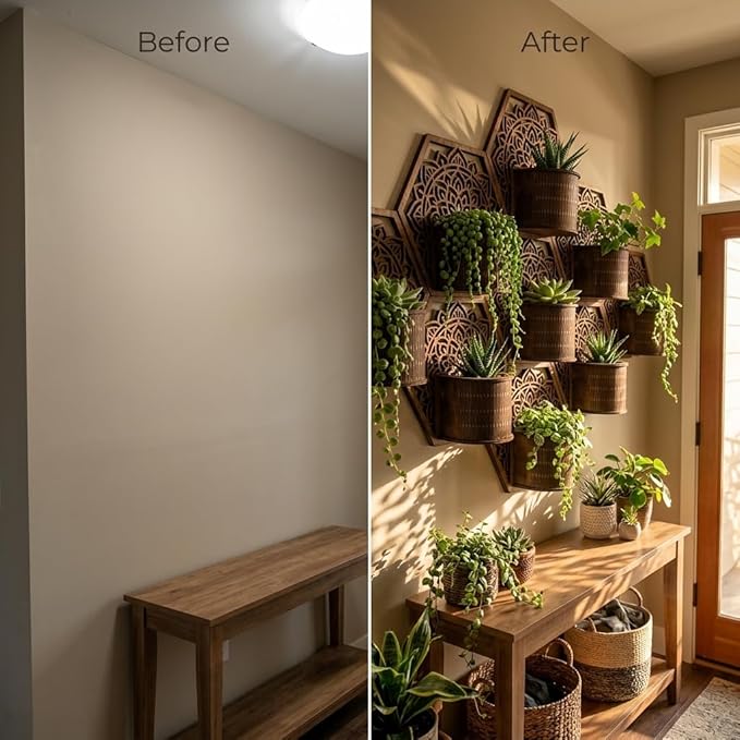 Mandala Style Hexagonal Wall Planter Set - 3D Laser-Cut Wood Vertical Garden for Succulents and Herbs - Unique Geometric Wall Decor for Indoor Plants (3pc)