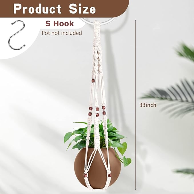 Necamocu Handmade Macrame Plant Hanger with 2PCS Hooks, Elegant Hanging Plant Holder for Indoor Outdoor Plants, Sturdy Hanging Planters with No Tassel, 33 Inch, Ivory