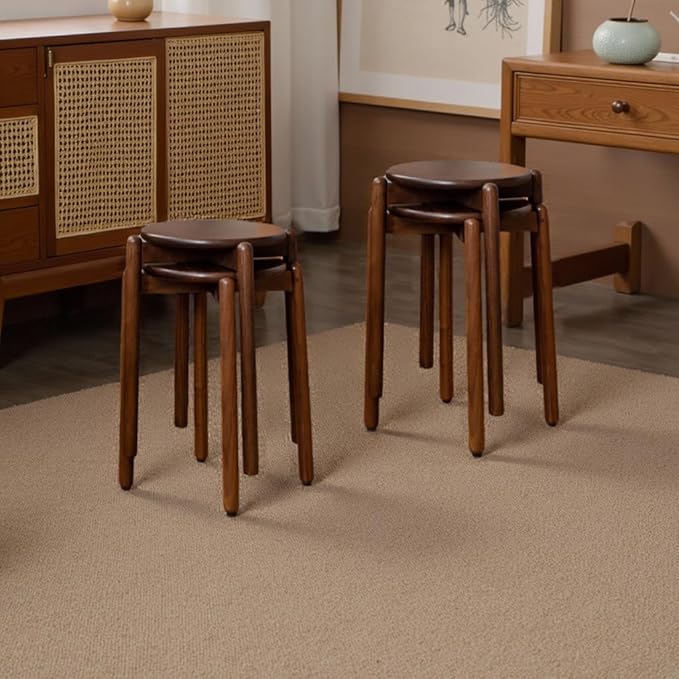 Oak Stackable Stools Set of 4, Small Plant Stand, Round Wooden Stool for Dining Room, Living Room, Entryway, Classroom, School, 15.4" x 15.4" x 16.7”, Walnut