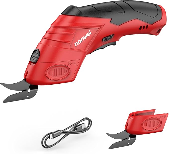 NANWEI Electric Scissors Cordless, Type-C Rechargeable Cardboard Cutter with 2 Blades, 4.2V High‑torque Motor, for Fabric Carpet Leather (Red)