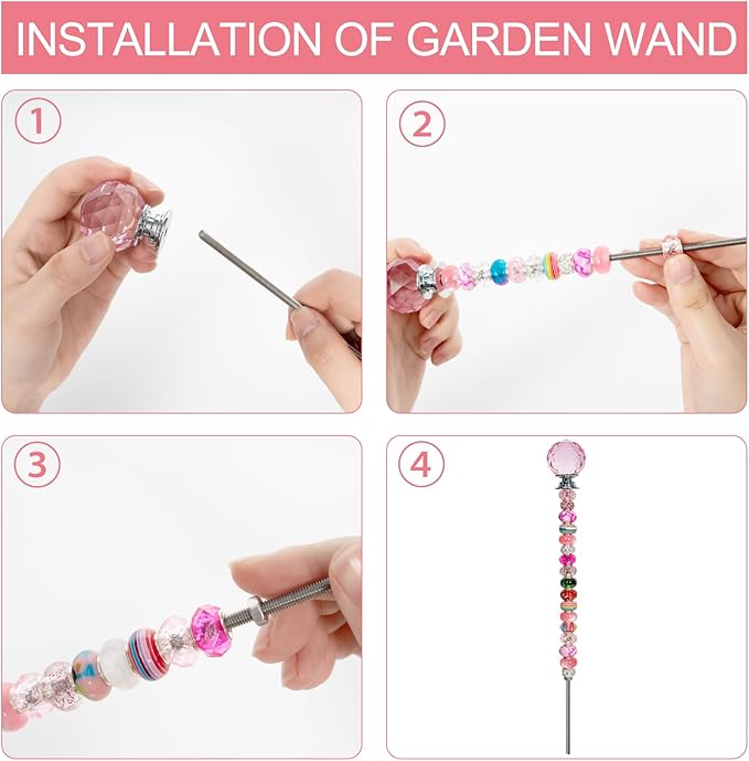 230 Pcs Beaded Garden Stakes Kit DIY Fairy Wands for Garden with 10 Colorful Crystal Stopper Top 200 Assortment Round Large Hole Bead for Outdoor Decor (10, Colorful Spherical)