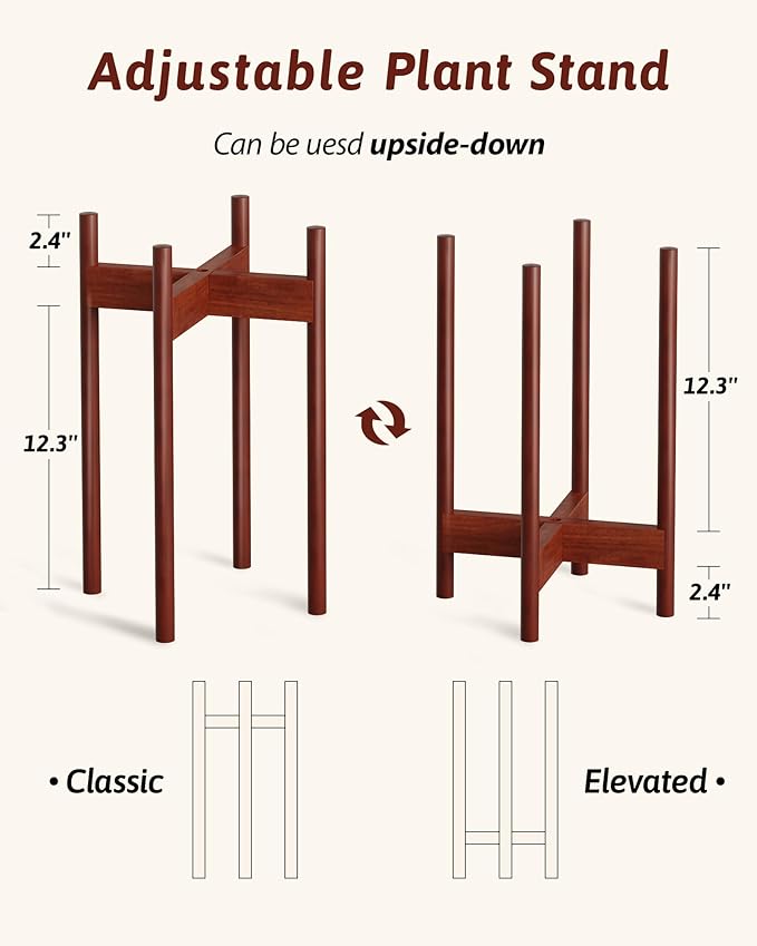 GENTINGBRO Adjustable Plant Stand Indoor, Bamboo Plant Stand Fits 8 9 10 11 12 Inches, Small Corner Planter Holder for Indoor Plants, Single Floor Plant Stands for Living Room Balcony, Reddish Brown Tall