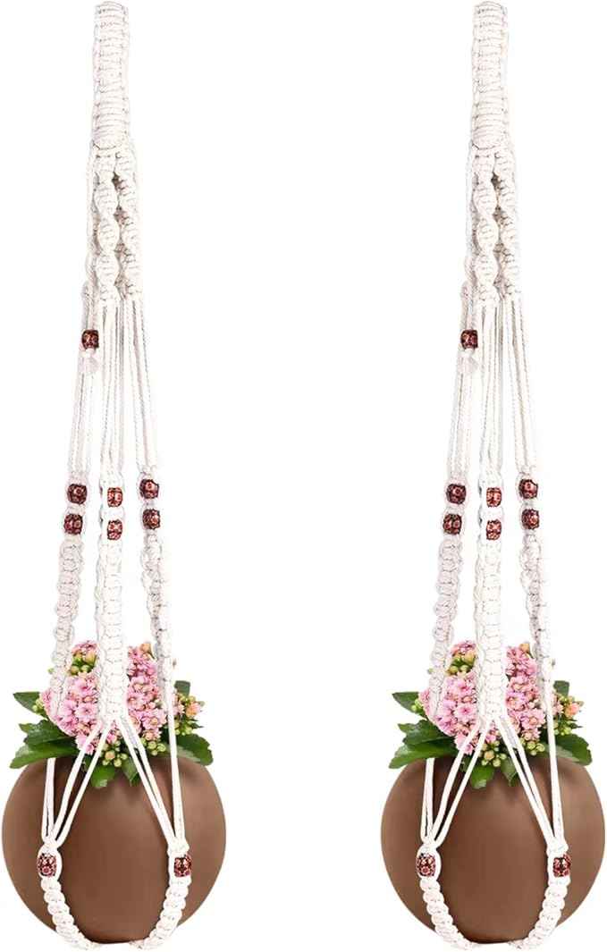 Necamocu Macrame Plant Hanger with Colored Wood Beads and 4PCS Hooks, Elegant Hanging Plant Holder for Indoor Outdoor Plants, Sturdy Hanging Planters with No Tassel, 33 Inch, Ivory, Set of 2