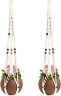 Necamocu Macrame Plant Hanger with Colored Wood Beads and 4PCS Hooks, Elegant Hanging Plant Holder for Indoor Outdoor Plants, Sturdy Hanging Planters with No Tassel, 33 Inch, Ivory, Set of 2