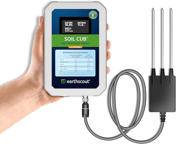 6-in-1 EarthScout Soil Cub Commercial Grade Precision Soil Moisture Meter: Soil Moisture/Soil Temp/Soil EC/Air Temp/Humidity. Irrigation:Farm,Golf,Orchard,Nursery,Garden,Landscape,Research,Education