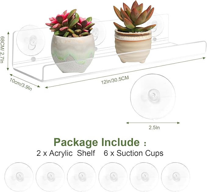 2 Pack Window Plant Shelves, 12 Inch Acrylic Suction Cup Shelves for Succulents, Herb Planters, Micro Greens, Bathroom Organizer, Display Stand & Cosmetics Storage