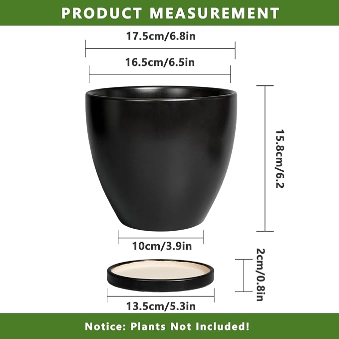 Ceramic Pots for Plants - 6.8 Inch Plant Pot with Drainage Hole and Saucer, Succulent Round Flower Planters for Indoor, Home Decor, Black