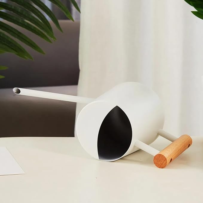 Indoor Watering Can with Long Spout, 34oz Capacity, White Metal with Wood Handle (White-Z1)