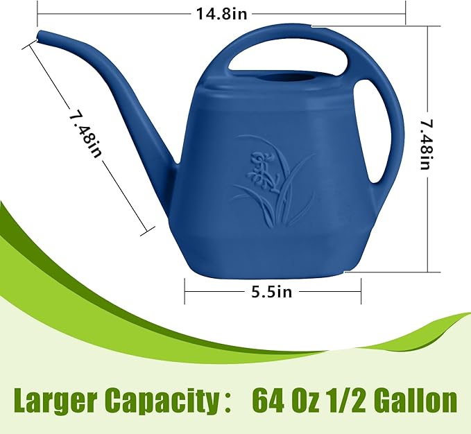 Plastic Watering Can - for Indoor and Outdoor Home Garden Plants - with Long Spout - Blue - 1/2 Gallon