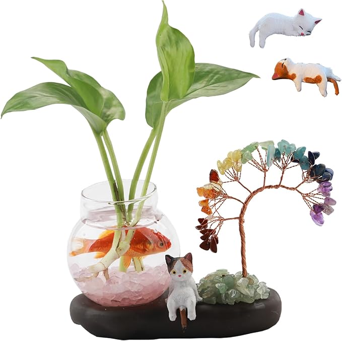 Plant Propagation Station, Chakra Crystal Tree Hydroponic Glass Container Vase Jars with Cute Cat Figurine, Home Office Desks Aesthetic Decorations, Gift for Women Plant Lovers and Cat Lover