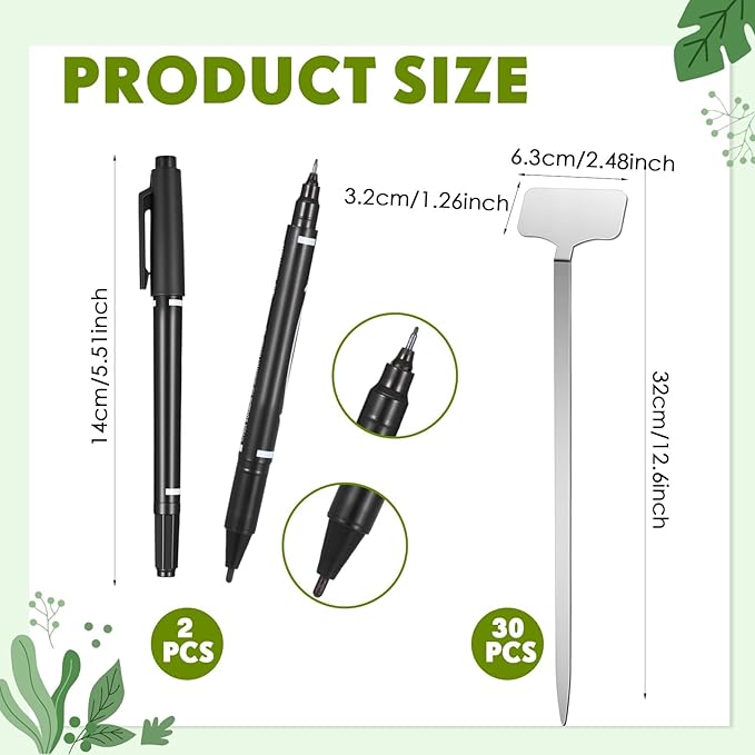 30 Pcs Stainless Steel Plant Labels, Metal Waterproof Plant Markers, Height 12.6 in, Label Area 2.5 x 1.26 in T-Type Reusable Nursery Tags for Vegetable Herb Flower Seed with 2 Pens