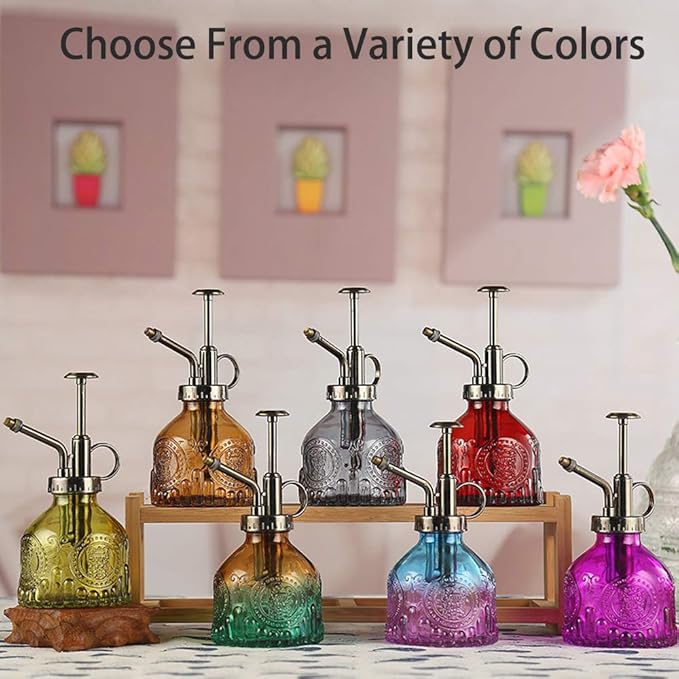 Plant Mister Glass Spray Bottle Small Plant Watering Can 6.4" Tall Retro Indoor Watering Can Bronze Plastic Top Pump for Garden Indoor Plant Sprayer (Red)