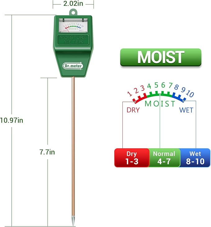 Dr.meter Soil Moisture Meter, Plant Water Meter for Garden Lawn Farm Indoor & Outdoor Use, Soil Tester Hygrometer Sensor for House Plants, Gardening Gifts, No Battery Needed