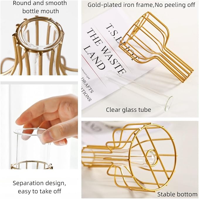 Ivymei 2 Pack Table Flower Vase,Gold Geometric Metal Frame Clear Glass Tube Bud Vase Hydroponic Plants,Gold Vase Decorative for Flower,Weddings,Centerpiece,Party,Home(Gold 8)