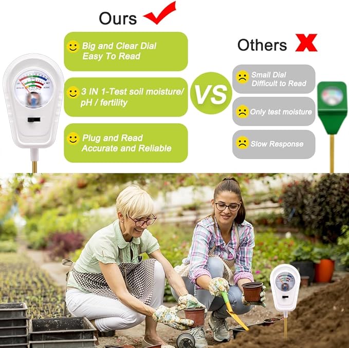 Soil Test Kit, 3-in-1 Soil PH Meter, Soil Moisture Meter, Fertility Soil Tester, pH Meter for Soil, Soil Tester for Garden, Farm, Lawn, Indoor & Outdoor Use
