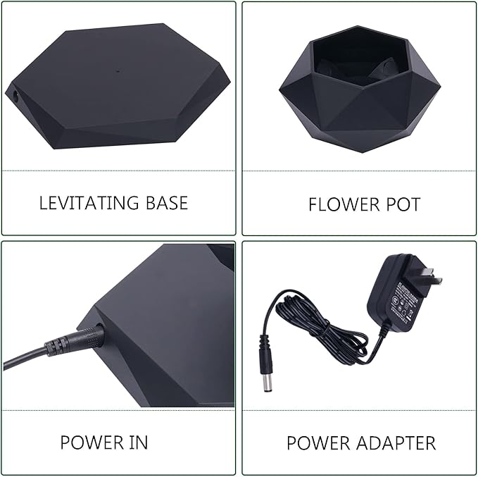 Floating Plant Pot for Small Plants, Magnetic Levitating Flower Pot Planter for Office Home Decoration, Black Hexagon Suspension Rotating Air Bonsai Planter Flower Pot