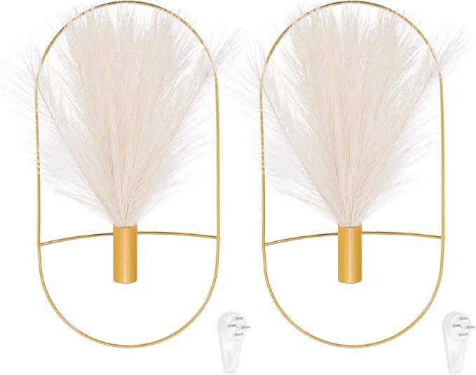 uxcell 2 Pcs Wall Decor Metal Gold Wall Art Hanging Planters with Artificial Pampas, Wall-Mounted Decor Metal for Display Artwork Plant Hanging Living Room Bedroom, Beige (Oval)