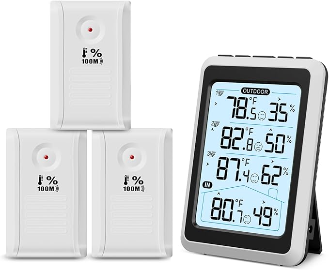 ORIA 3 Sensor Wireless Indoor Outdoor Thermometer Hygrometer, Digital Temperature Humidity Monitor with Backlit Display, Min/Max Records, Celsius/Fahrenheit Switch for Home, Garden, Greenhouse
