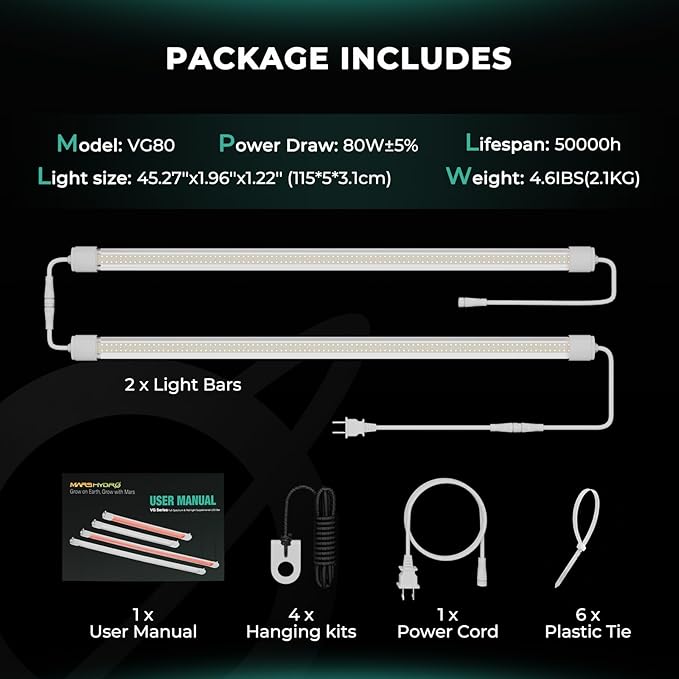 MARS HYDRO VG80 Plant Grow Light,4ft 5000K Full Spectrum LED Grow Lights for Indoor Plants, 2x4 Coverage, IP65 Waterproof Linkable Under Canopy Plant Light Strip for Seedling Veg Flower,2-Pack(2x40W)