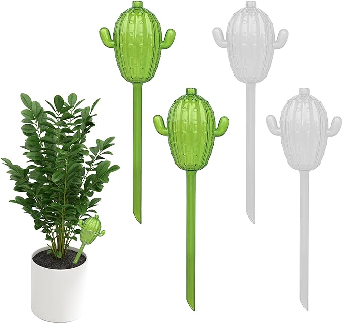 4 PCS Self Watering Spikes Devices, 3.38 oz (100 ml) Small Cactus Shape Plastic Watering Globes for Indoor & Outdoor Plants, Automatic Planter Waterer for Busy Individuals & Travelers (Green, Clear)