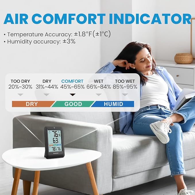 Newentor Indoor Outdoor Thermometer Wireless, Weather Stations Wireless Indoor Outdoor, Outdoor Thermometers for Patio House, Outside Inside Thermometers with Comfort Indicator, Black with 2 Sensors