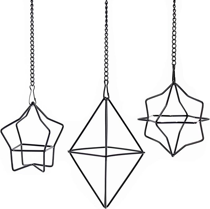 Geometric Air Plant Hanger 6 Pack Black Metal, 3 Shapes & 2 Sizes with Detachable Chains, Modern Himmeli Wall Hanging Planter for Tillandsia Indoor Home Decor