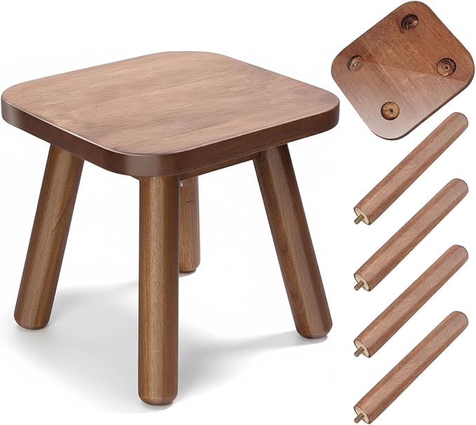Wooden Step Stool, Plant Stool, Small Wooden Stool with Four Detachable and Assembled Legs, Offering Good Balance, Walnut Color, Natural Rubber Wood, Rounded Safety Design, Multi-Functional