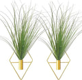 Hanging Planters with Artificial Plants, 2pcs Diamond Shape Metal Hanging Vase with Artificial Shrubs Wheat Grass Greenery Indoor Plants Holder Wall Decor for Home Living Room Bedroom Office (Gold)