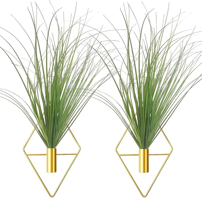 Hanging Planters with Artificial Plants, 2pcs Diamond Shape Metal Hanging Vase with Artificial Shrubs Wheat Grass Greenery Indoor Plants Holder Wall Decor for Home Living Room Bedroom Office (Gold)