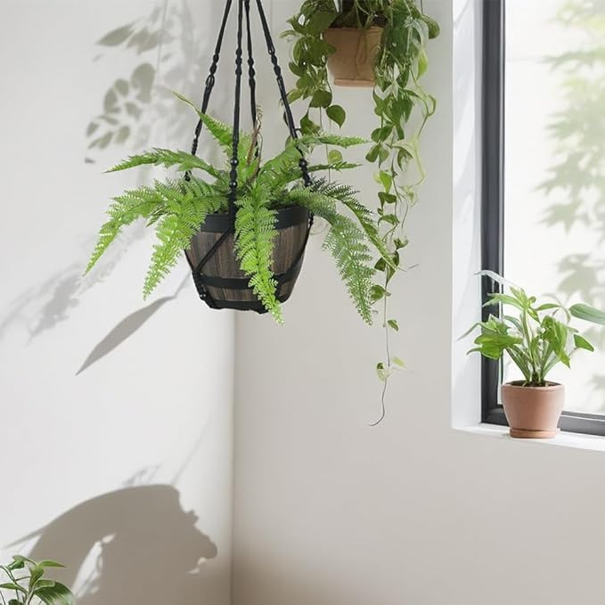 Bouqlife 43 Inches Macrame Plant Hanger Large for 14 inch Pot Extra Long No Tassel Cotton Rope Hanging Plant Holder with Ceiling Hook Bohemian Home Décor Black 2Pack