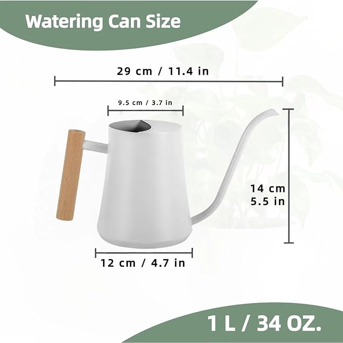 Indoor Watering Can with Long Spout, 34oz Capacity, White Metal with Wood Handle (White-W1)