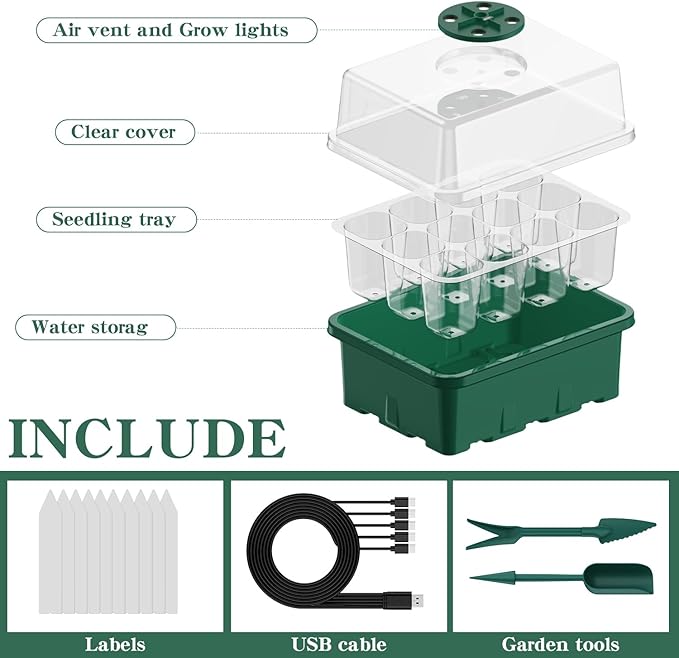 Seed Starter Tray with Grow Light, 5 Pack 60 Cells Seed Starter kit with Humidity Dome and Base, Plant Seedling Trays Indoor Greenhouse Gardening (Green 5 Pack)