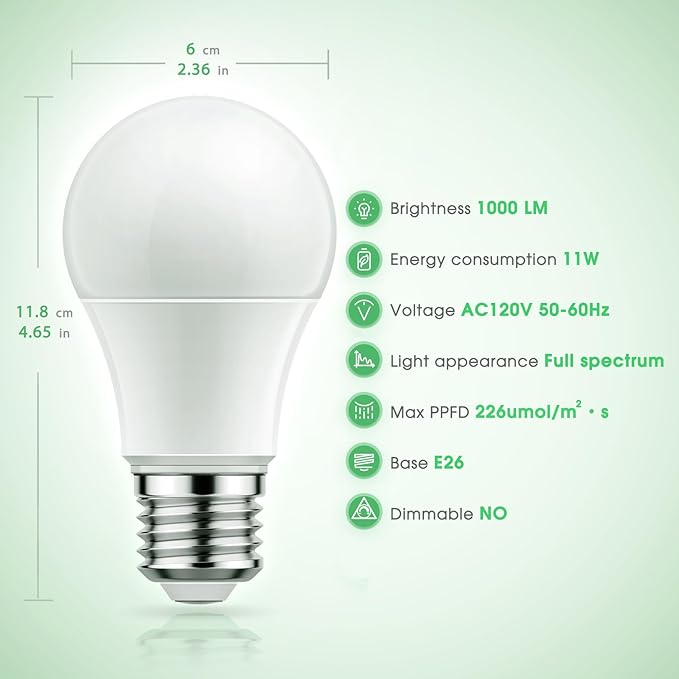 Briignite Grow Light Bulbs, Full Spectrum Grow Light Bulb, LED Grow Light Bulb A19 Bulb, Plant Light Bulbs E26 Base, 11W Grow Bulb 100W Equivalent, Grow Light for Indoor Plants, Seed Starting, 2 Pack
