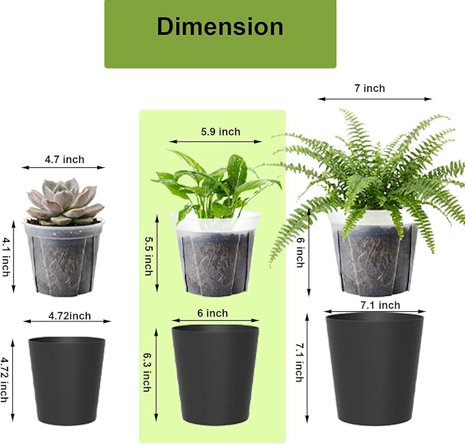6 Pack of 6in Plastic Cachepot with 6 inch Clear nusery Pot - self Watering Indoor Planter with Drainage for Root Visibility,semi Hydro pots for repotting Monstera,Orchids,Aroid,Black