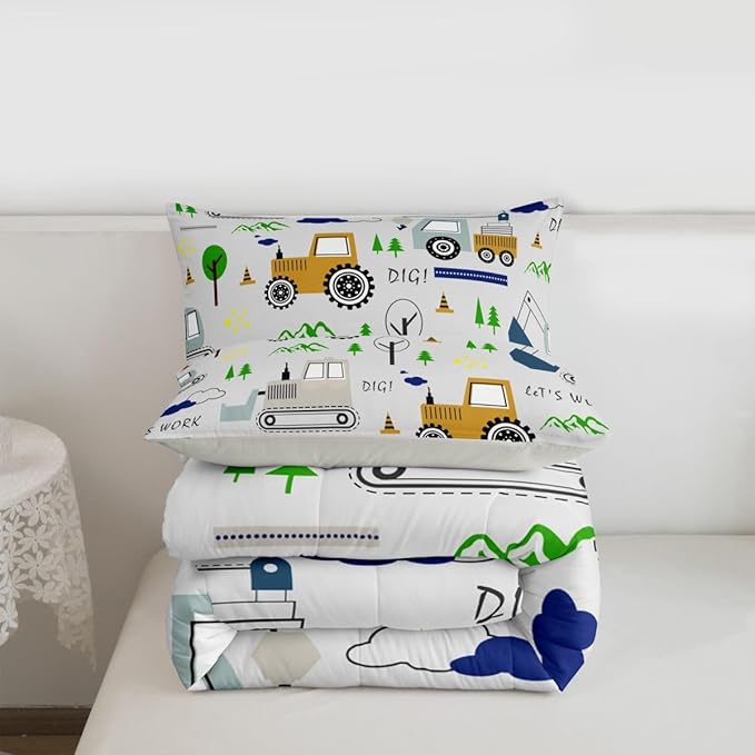 Feelyou Construction Comforter Set Full Size Equipment Trucks Bedding Set for Kids Boys Construction Vehicles Duvet Quilt Excavator Tractor Bedroom Decor Cartoon Car Grey3 Pcs with 2 Pillow Cases