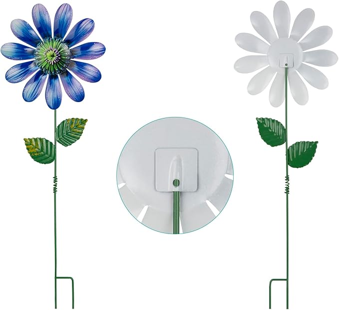 Metal Flowers Garden Stakes Outdoor Decor, 18 inch Shaking Flower Garden Yard Art, Weather Proof Flower Stakes for Yard Lawn Porch Pathway Patio Plant Pot Decorations, 4 Pack (Flower-b-Head)