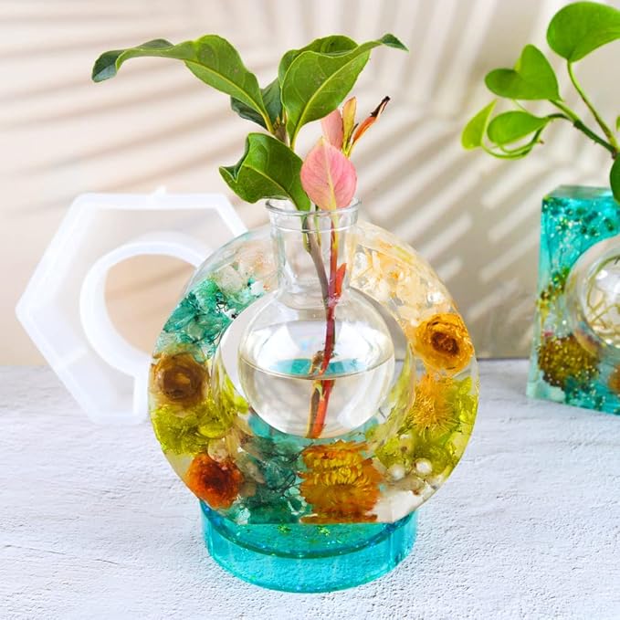 Wholesale Hydroponic Silicone Epoxy Resin Mold Round Frame Nordic Design Flower Plant Vase Concrete Mould with Plastic Bottles for Desktop Decoration Making, Home Decor