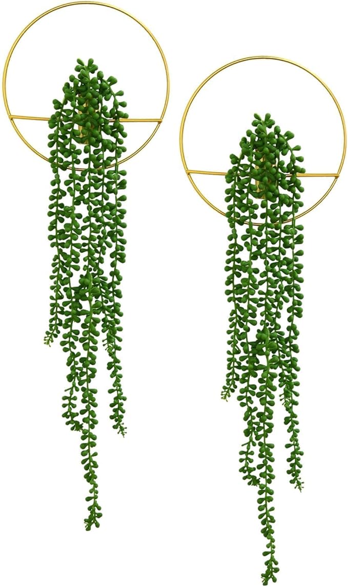 GREENTIME 2 Pack Fake Succulent Plants Hanging Artificial Ivy Vine with Gold Round Metal Hanging Vase Faux String of Pearls for Teacher Appreciation Living Room Bedroom Boho Kitche Wall Shelf Outdoor