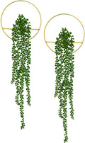 GREENTIME 2 Pack Fake Succulent Plants Hanging Artificial Ivy Vine with Gold Round Metal Hanging Vase Faux String of Pearls for Teacher Appreciation Living Room Bedroom Boho Kitche Wall Shelf Outdoor